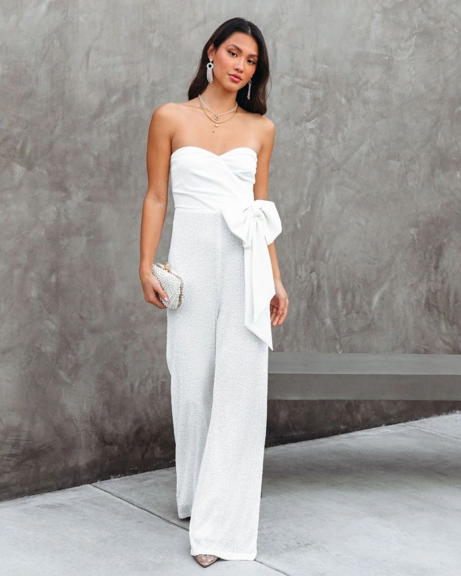 Rompers + Jumpsuits * | Aaka-001 Dancing Queen Strapless Sequin Jumpsuit White Sale