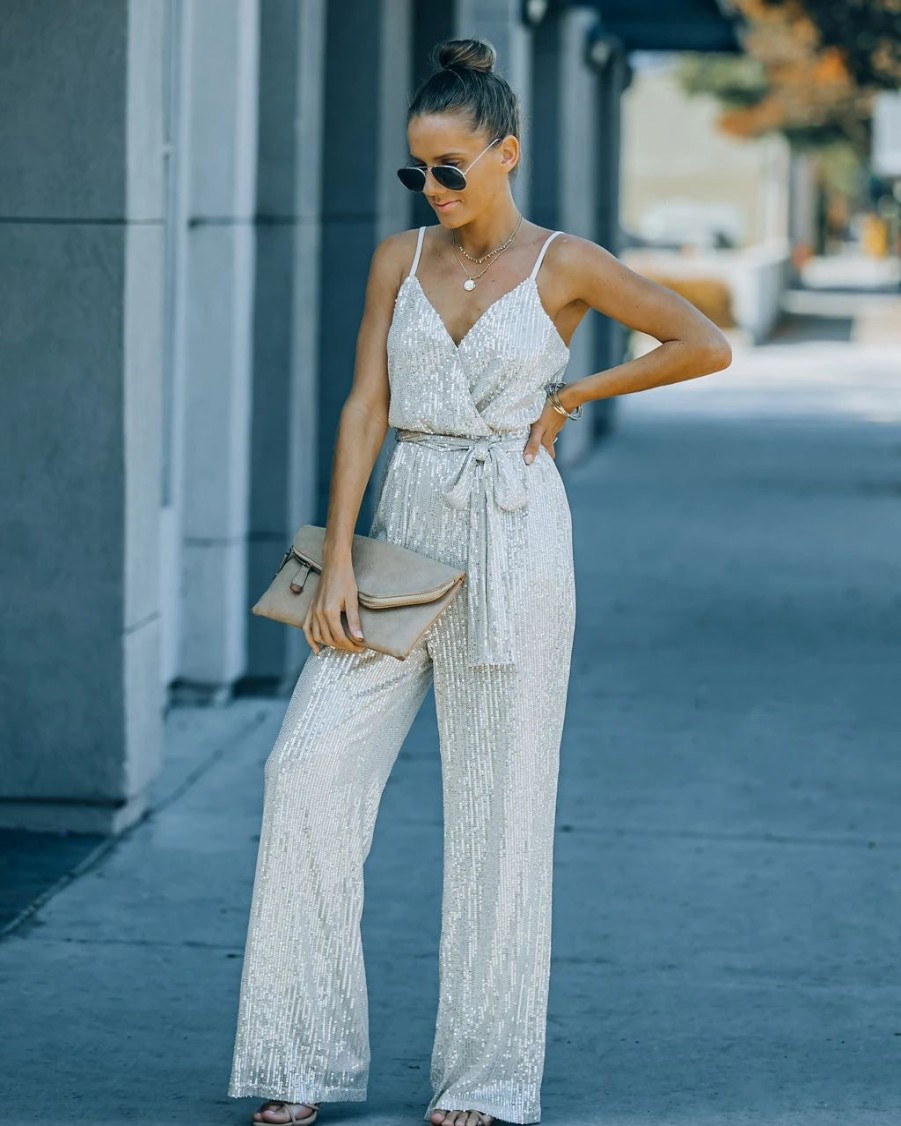 Rompers + Jumpsuits * | On T-001 Starry Night Sequin Jumpsuit Champagne Final Sale