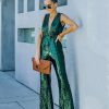 Rompers + Jumpsuits * | On T-001 Dancing On Air Sequin Jumpsuit Forest Green Final Sale