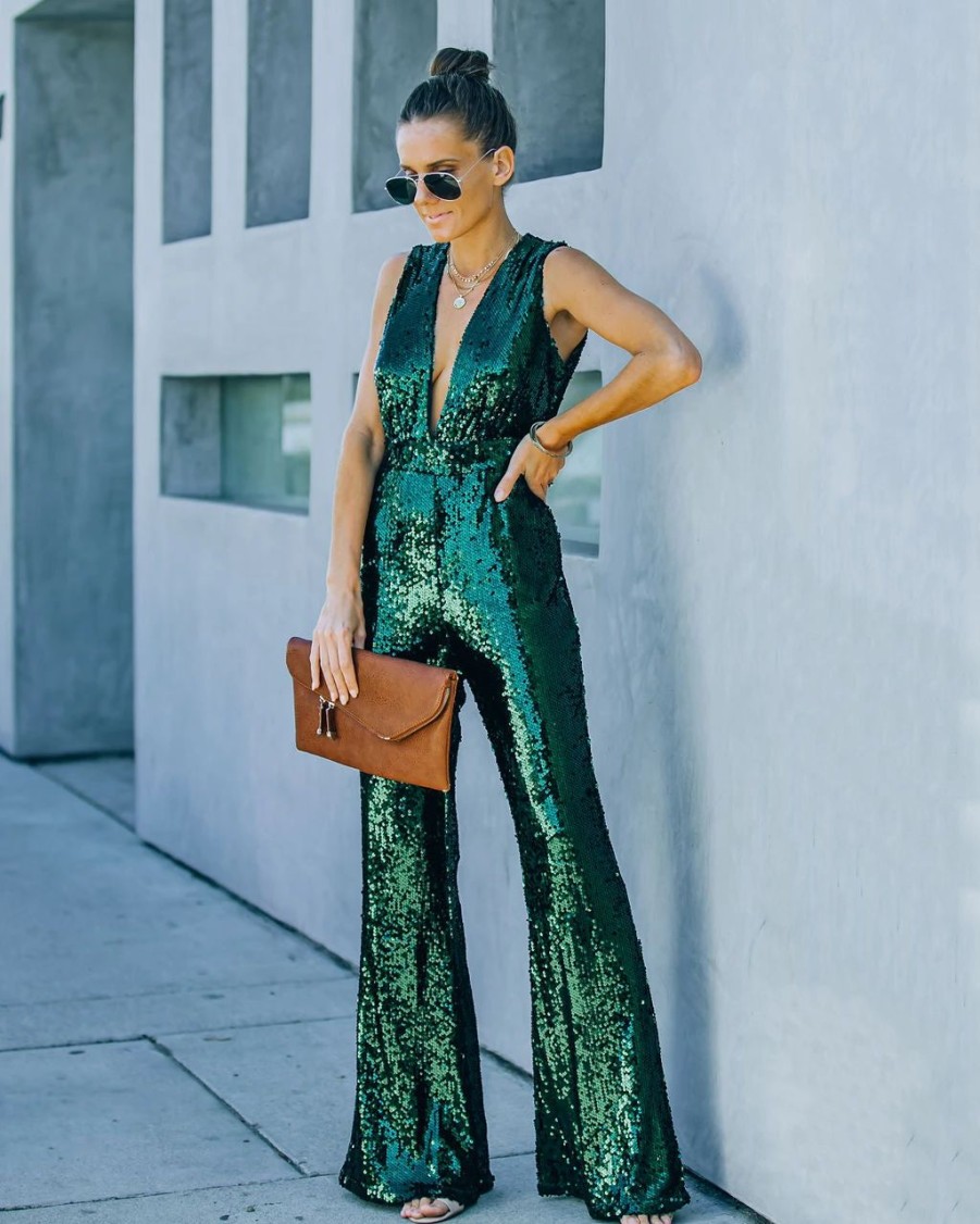 Rompers + Jumpsuits * | On T-001 Dancing On Air Sequin Jumpsuit Forest Green Final Sale