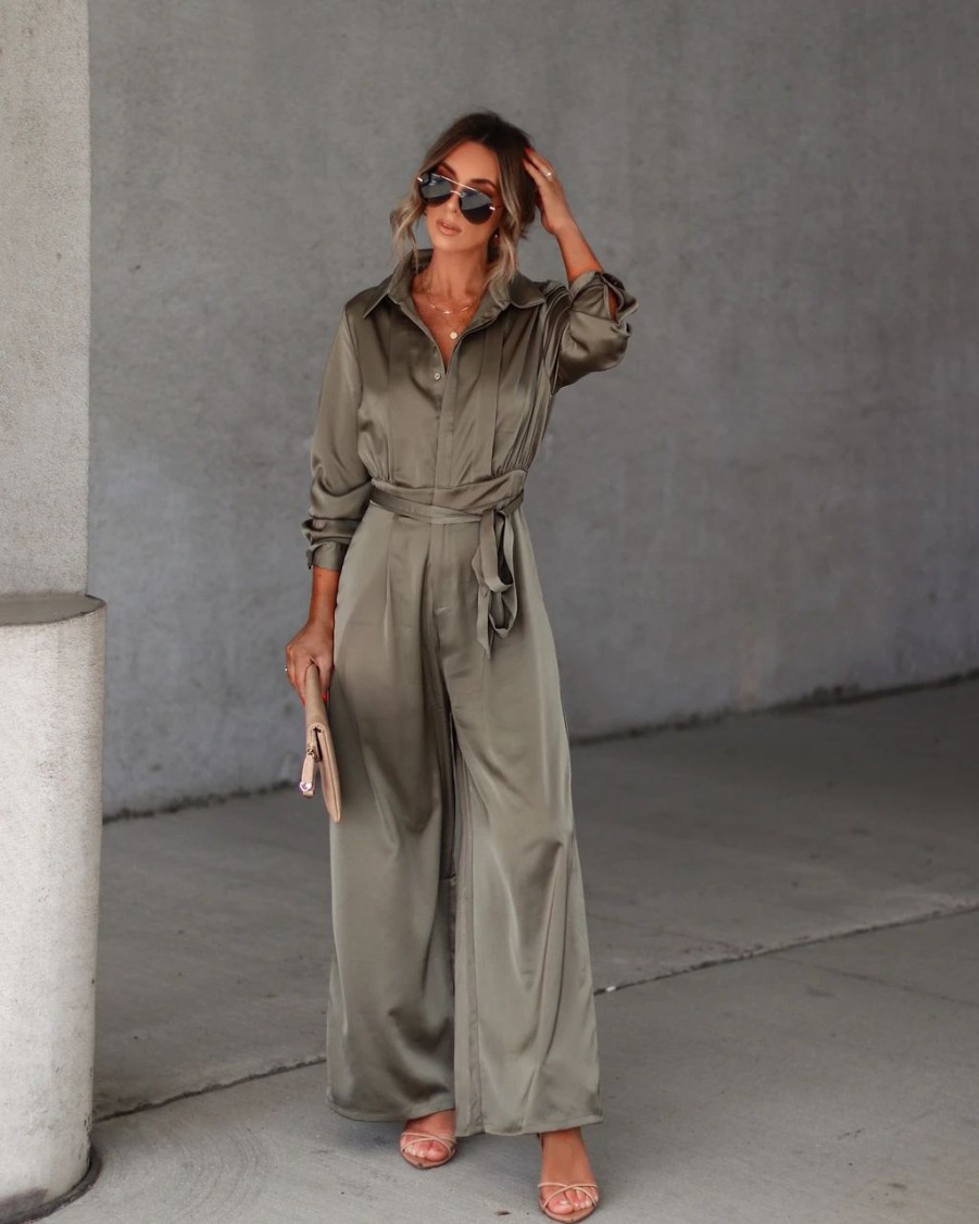 Rompers + Jumpsuits * | Dres-001 Pull It Together Satin Pocketed Jumpsuit Dark Sage Sale