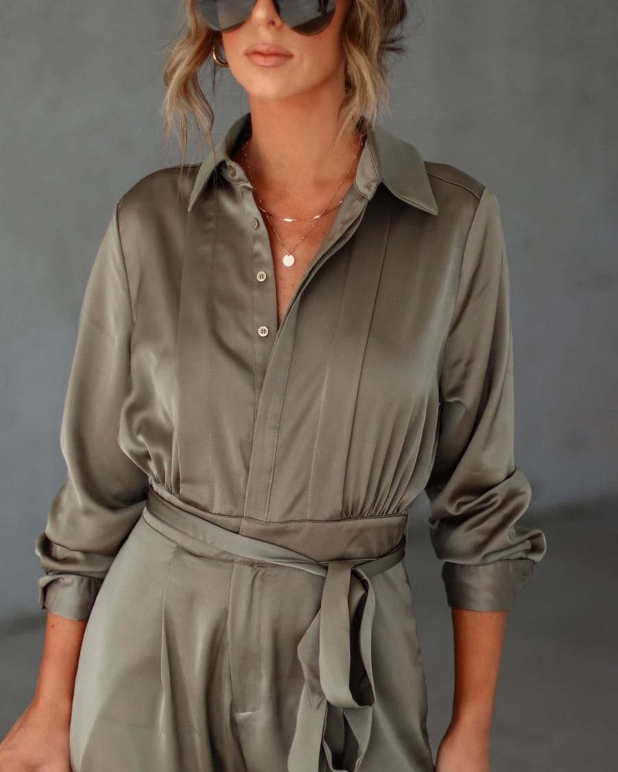 Rompers + Jumpsuits * | Dres-001 Pull It Together Satin Pocketed Jumpsuit Dark Sage Sale