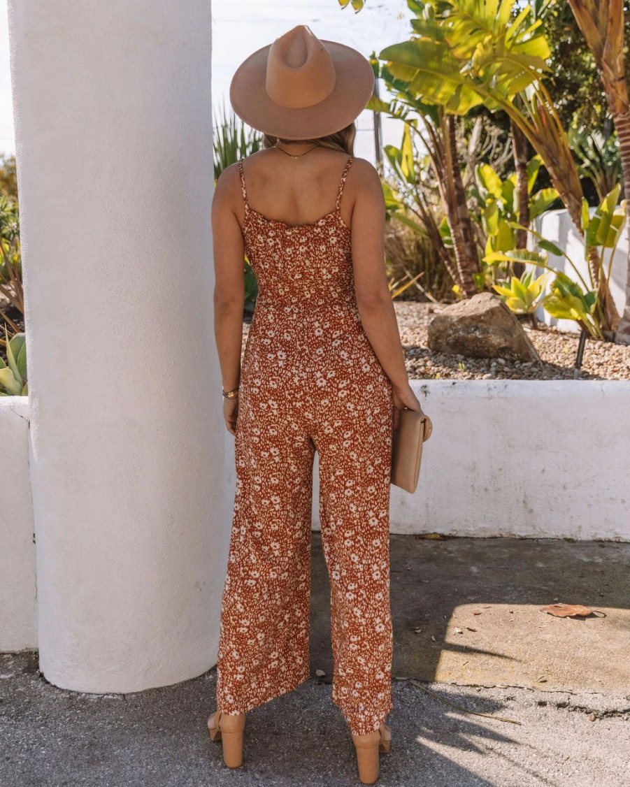 Rompers + Jumpsuits * | Dee-001 Indiana Pocketed Floral Smocked Jumpsuit Rust Final Sale