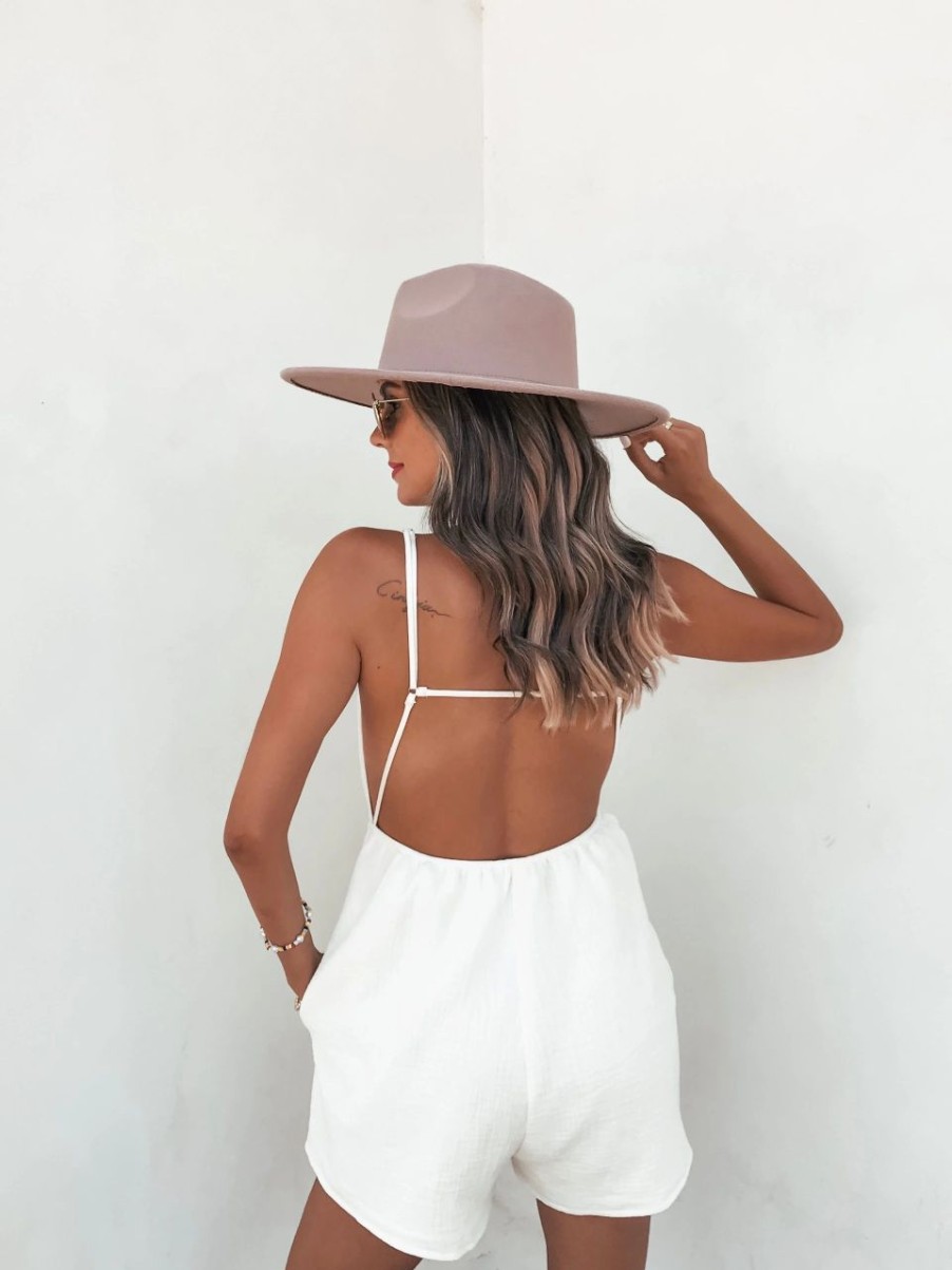 Rompers + Jumpsuits * | Acoa-001 Jaye Cotton Pocketed Cutout Romper Cream