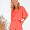 Rompers + Jumpsuits * | Tych-001 Spring Scene Pocketed Tie Romper Bright Coral Final Sale