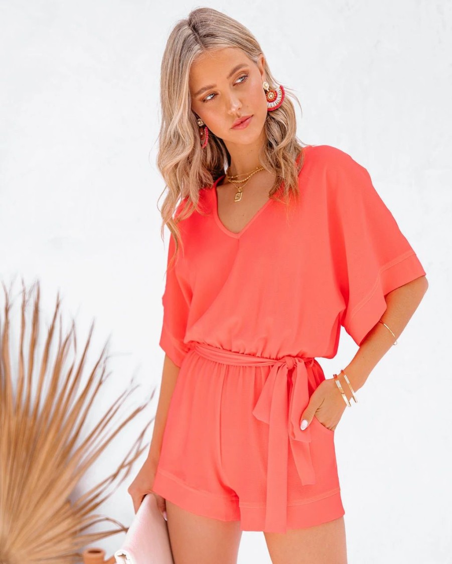 Rompers + Jumpsuits * | Tych-001 Spring Scene Pocketed Tie Romper Bright Coral Final Sale