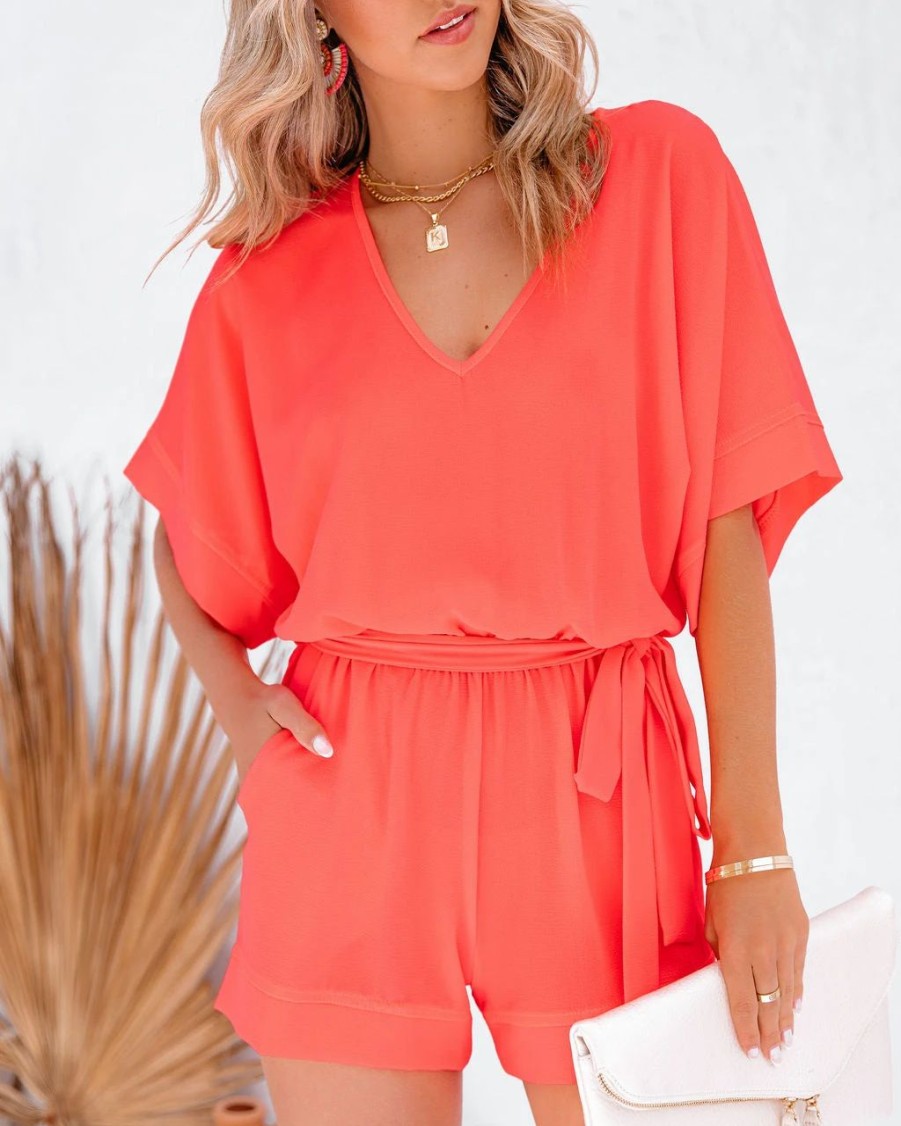 Rompers + Jumpsuits * | Tych-001 Spring Scene Pocketed Tie Romper Bright Coral Final Sale