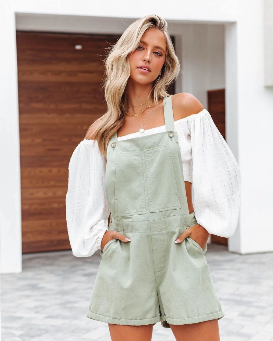 Rompers + Jumpsuits * | Davi-001 Sandy Dunes Cotton Pocketed Shortalls Olive Green Final Sale