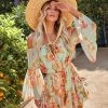 Rompers + Jumpsuits * | Salt-001 Judas Floral Off The Shoulder Bell Sleeve Romper Sage Final Sale