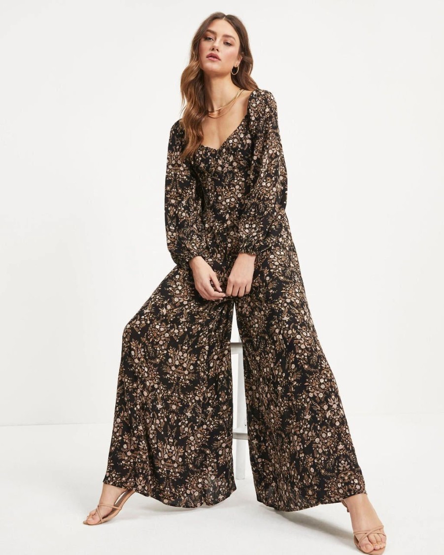 Rompers + Jumpsuits * | Dres-001 Ruthie Floral Tie Back Jumpsuit Black Final Sale