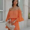 Rompers + Jumpsuits * | Endl-001 Definitely Demure Off The Shoulder Chiffon Romper Orange Final Sale