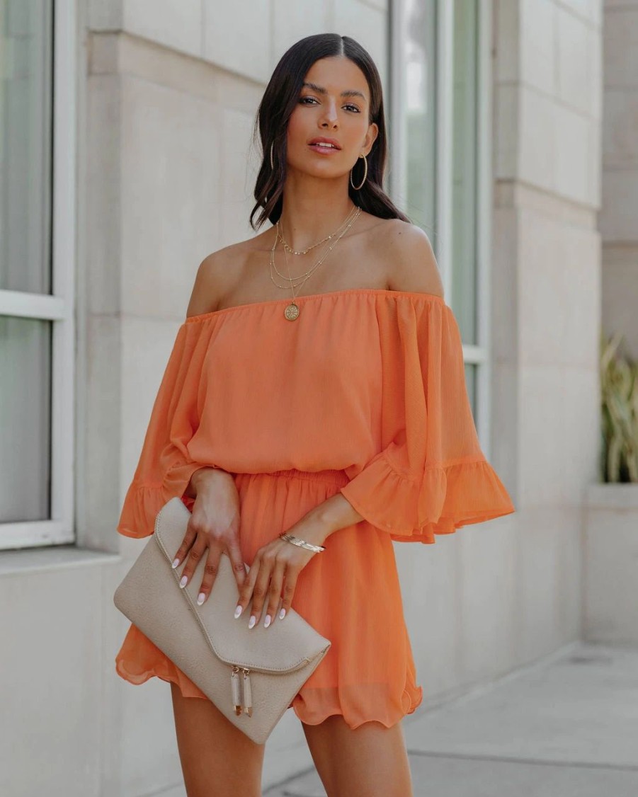 Rompers + Jumpsuits * | Endl-001 Definitely Demure Off The Shoulder Chiffon Romper Orange Final Sale