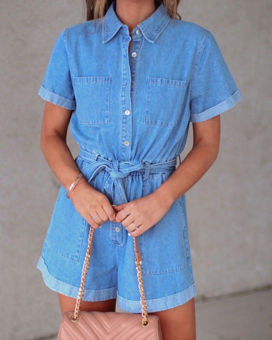 Rompers + Jumpsuits * | Gill-001 Brooklyn Denim Pocketed Romper Sale