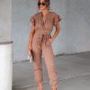 Rompers + Jumpsuits * | Idem-001 Fatima Cotton Pocketed Flutter Sleeve Jumpsuit Mocha