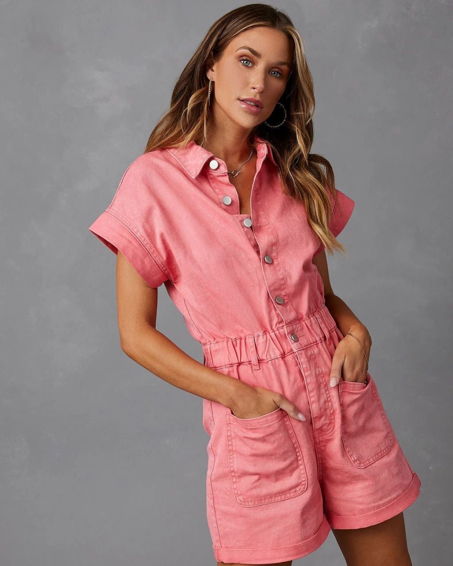 Rompers + Jumpsuits * | Pola-001 Maritza Denim Romper Pink