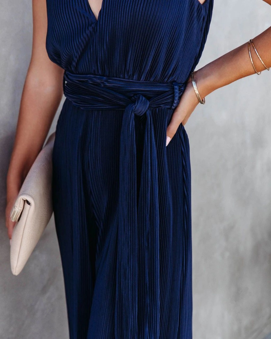 Rompers + Jumpsuits * | Dee-001 Midnight Love Plisse Jumpsuit Navy Final Sale