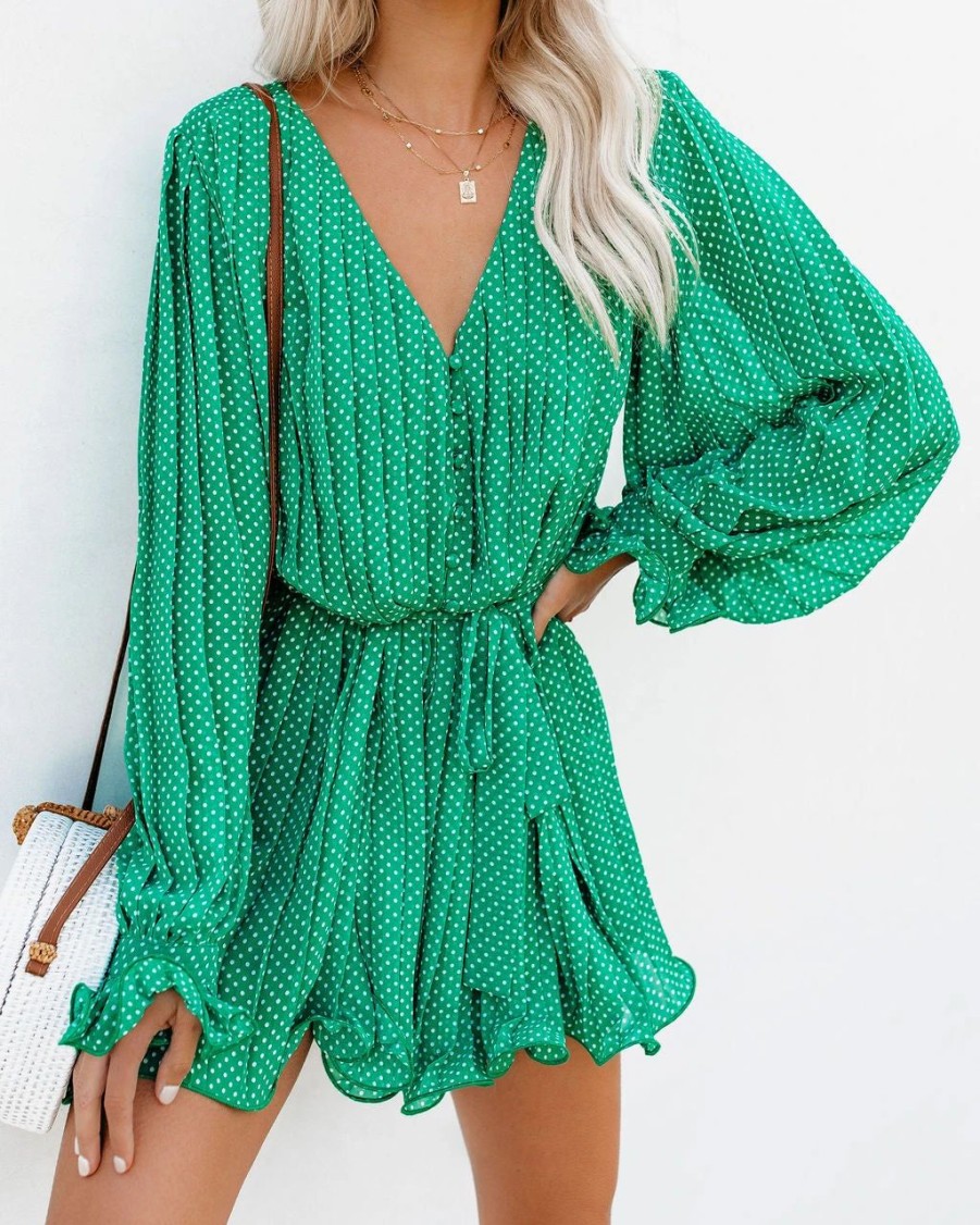 Rompers + Jumpsuits * | Endl-001 Viera Polka Dot Pleated Romper Green Final Sale