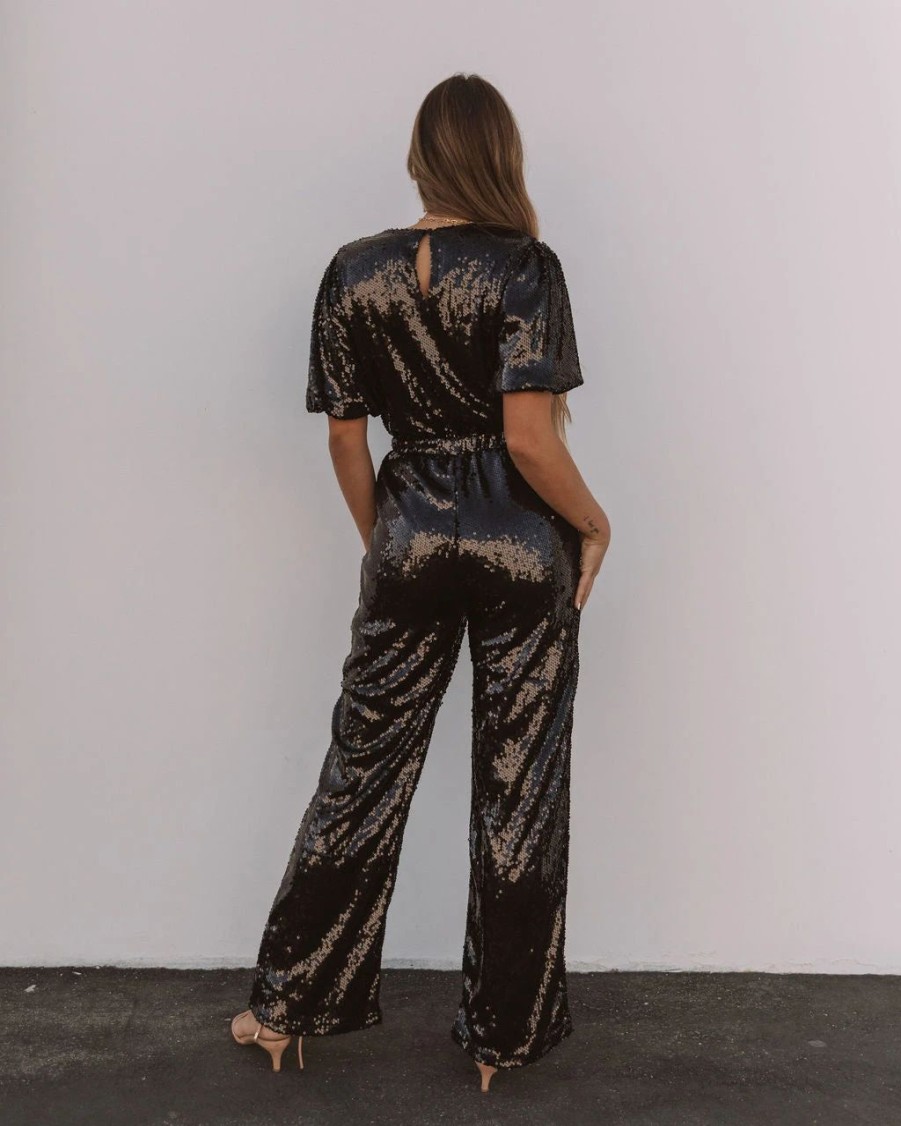 Rompers + Jumpsuits * | On T-001 Eissa Sequin Drape Jumpsuit Black Final Sale