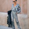 Rompers + Jumpsuits * | Aeom-001 That'S A Wrap Pocketed Plisse Jumpsuit Silver Final Sale