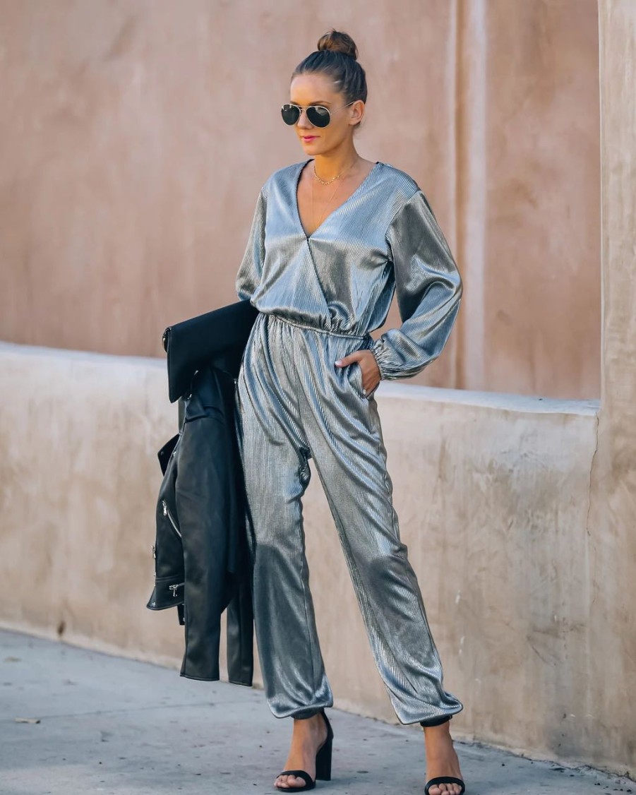 Rompers + Jumpsuits * | Aeom-001 That'S A Wrap Pocketed Plisse Jumpsuit Silver Final Sale