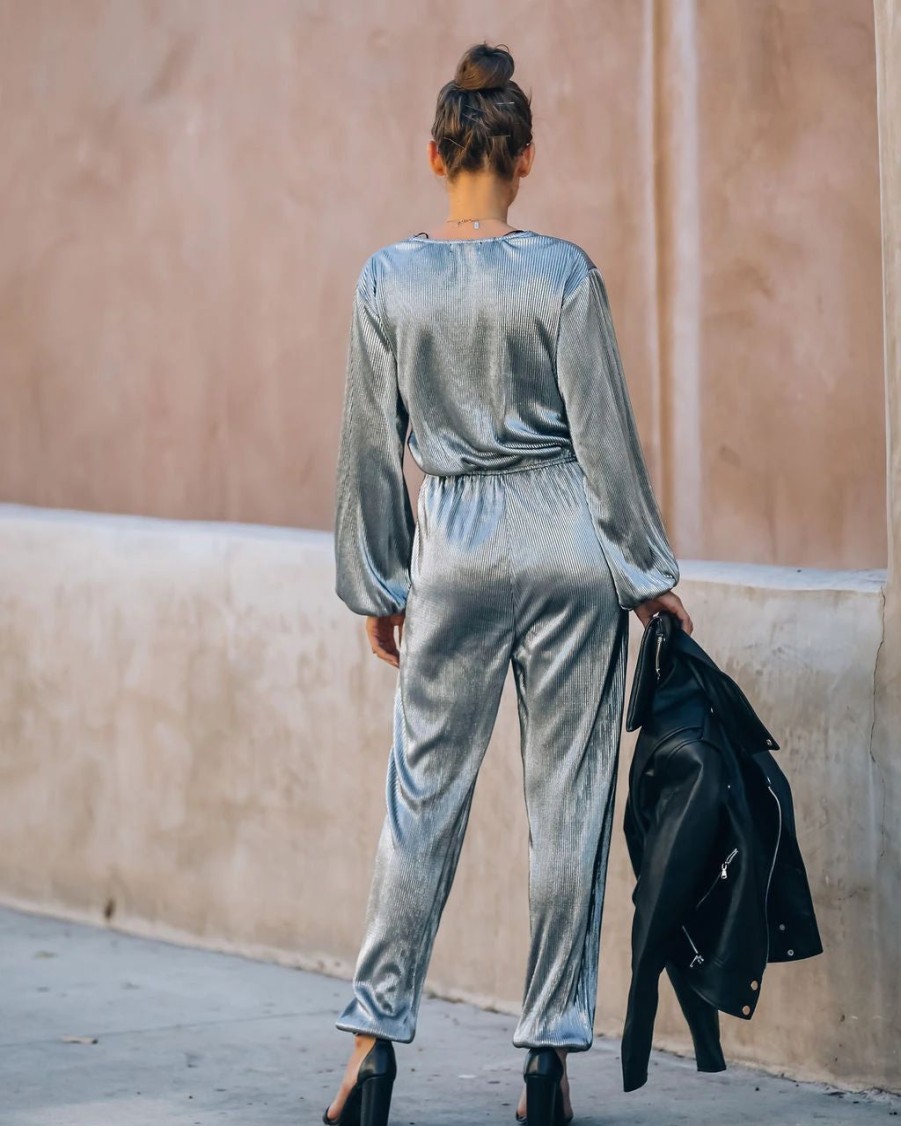 Rompers + Jumpsuits * | Aeom-001 That'S A Wrap Pocketed Plisse Jumpsuit Silver Final Sale