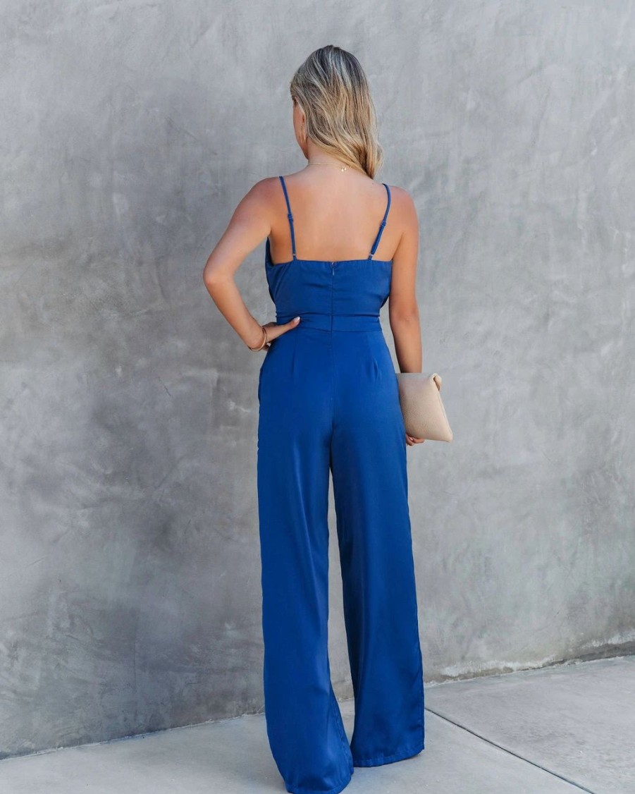 Rompers + Jumpsuits * | Do+B-001 Worth The Wait Cowl Neck Pocketed Jumpsuit Blue Final Sale