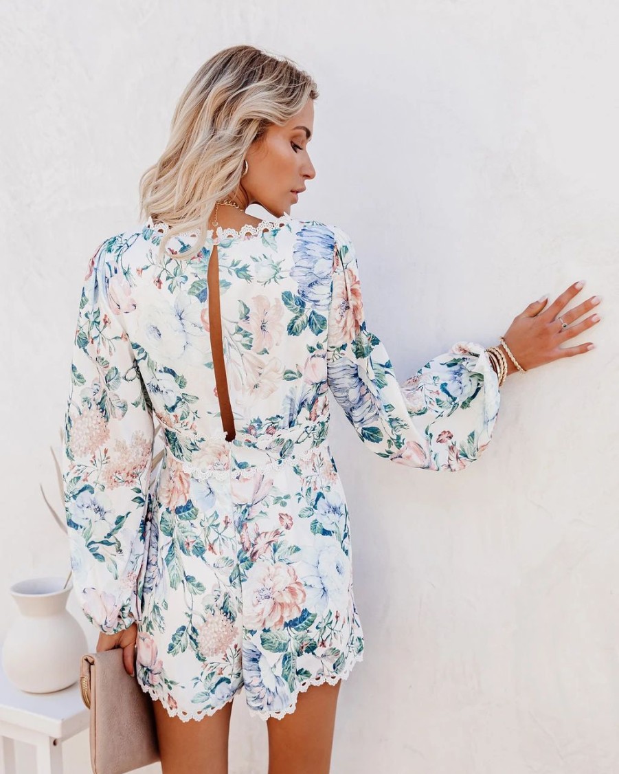 Rompers + Jumpsuits * | Luxx-001 No Love Lost Floral Pocketed Crochet Romper Final Sale