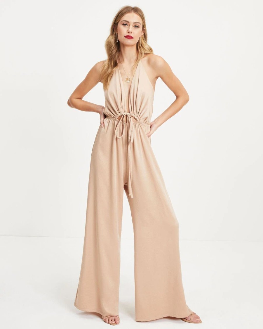 Rompers + Jumpsuits * | Tych-001 Chelsea Satin Halter Cutout Jumpsuit Tan Final Sale