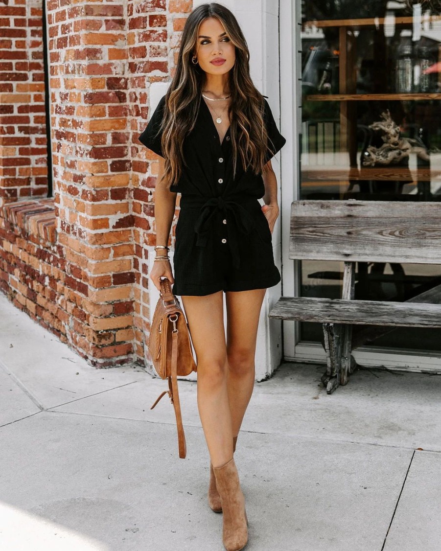 Rompers + Jumpsuits * | Oliv-001 Jazzy Cotton Pocketed Button Down Romper Final Sale