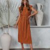 Rompers + Jumpsuits * | Lush-001 Modern Day Disco Plisse Padded Shoulder Midi Dress Cognac Sale