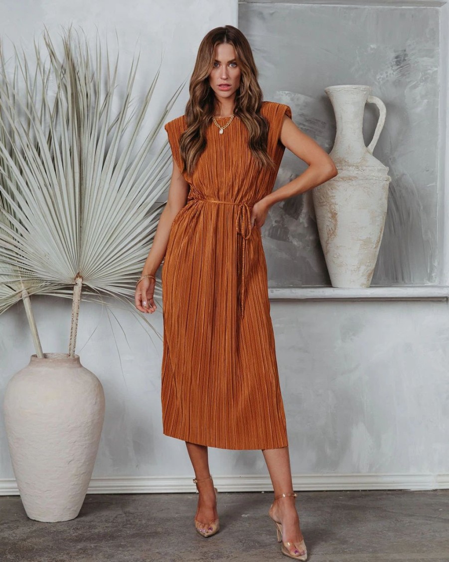 Rompers + Jumpsuits * | Lush-001 Modern Day Disco Plisse Padded Shoulder Midi Dress Cognac Sale