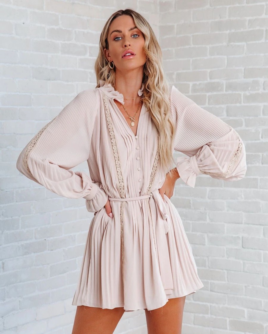 Rompers + Jumpsuits * | Endl-001 Lovelle Lace Plisse Romper Beige Final Sale