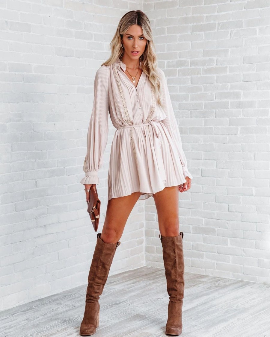 Rompers + Jumpsuits * | Endl-001 Lovelle Lace Plisse Romper Beige Final Sale