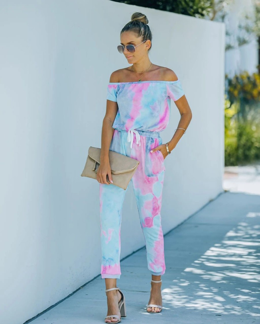 Rompers + Jumpsuits * | Fate-001 Kola Pocketed Tie Dye Off The Shoulder Knit Jumpsuit Mint Pink Last Chance