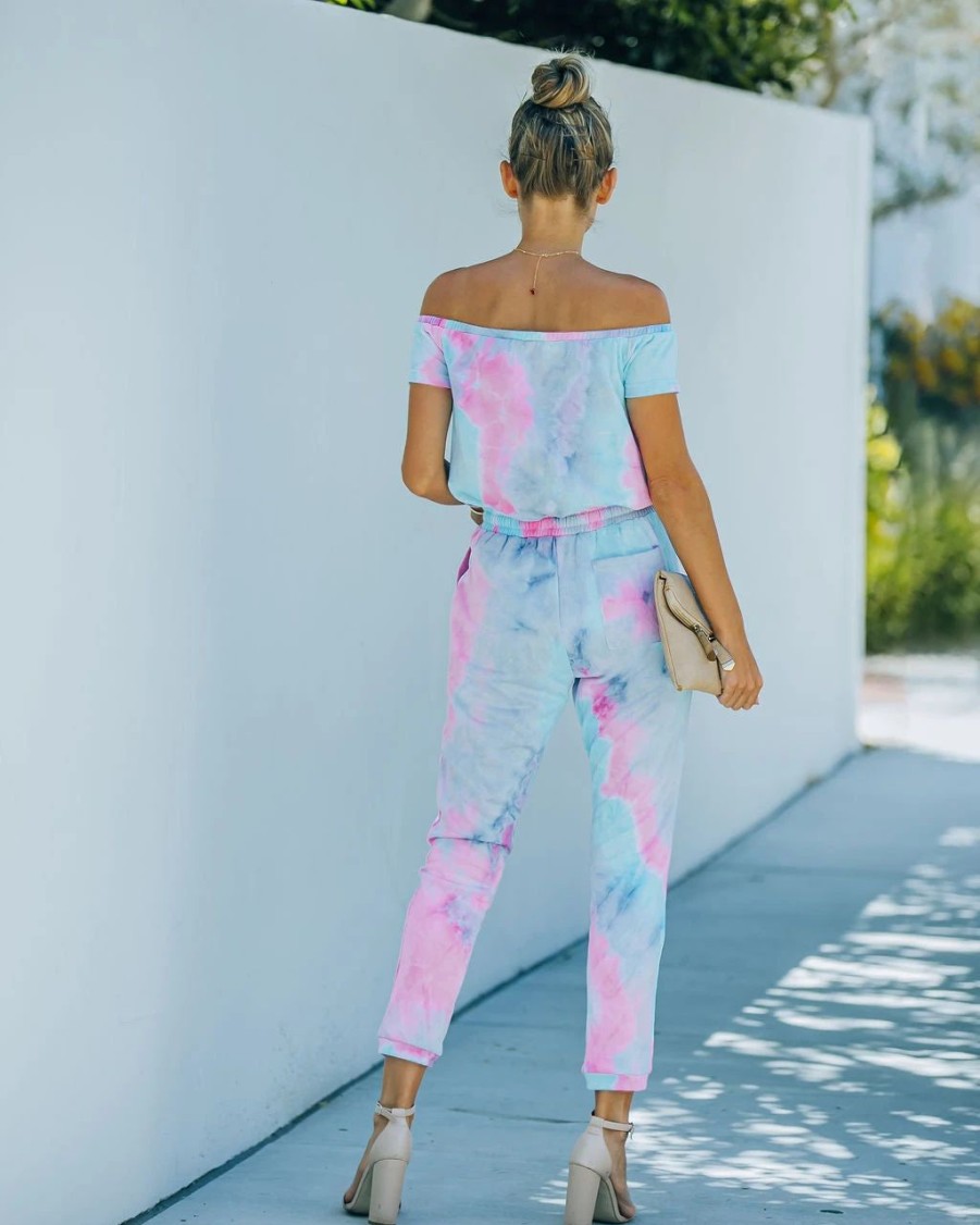 Rompers + Jumpsuits * | Fate-001 Kola Pocketed Tie Dye Off The Shoulder Knit Jumpsuit Mint Pink Last Chance