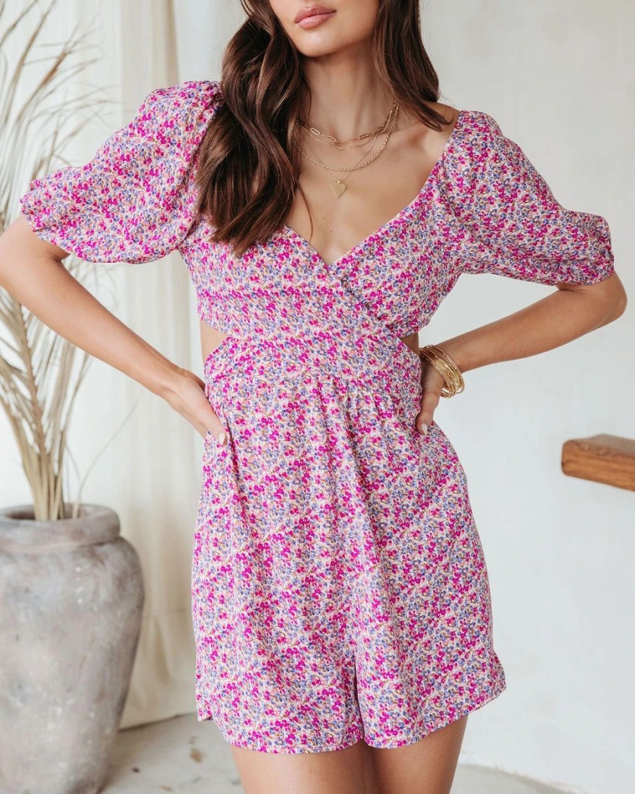 Rompers + Jumpsuits * | Lush-001 Still The One Floral Cutout Romper Final Sale