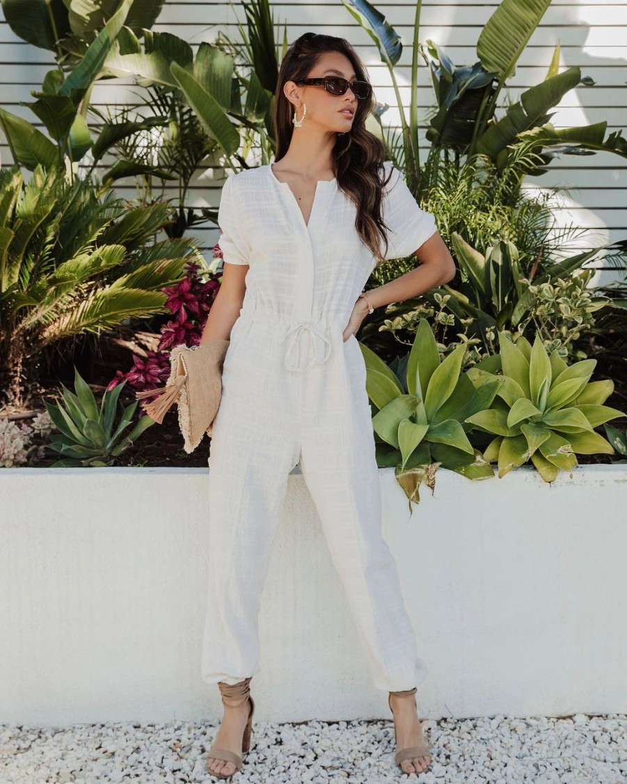 Rompers + Jumpsuits * | Lucc-001 Costa Cotton Linen Blend Pocketed Jumpsuit Ivory Sale