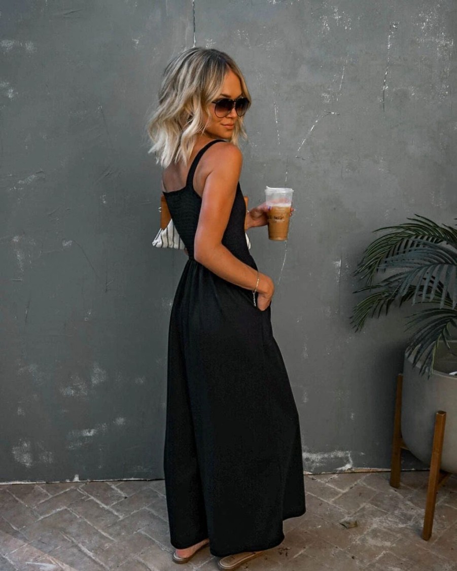 Rompers + Jumpsuits * | Buck-001 Mattea Smocked Pocketed Jumpsuit Black