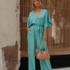 Rompers + Jumpsuits * | Olia-001 Empowered Satin Pocketed Jumpsuit Seafoam Final Sale