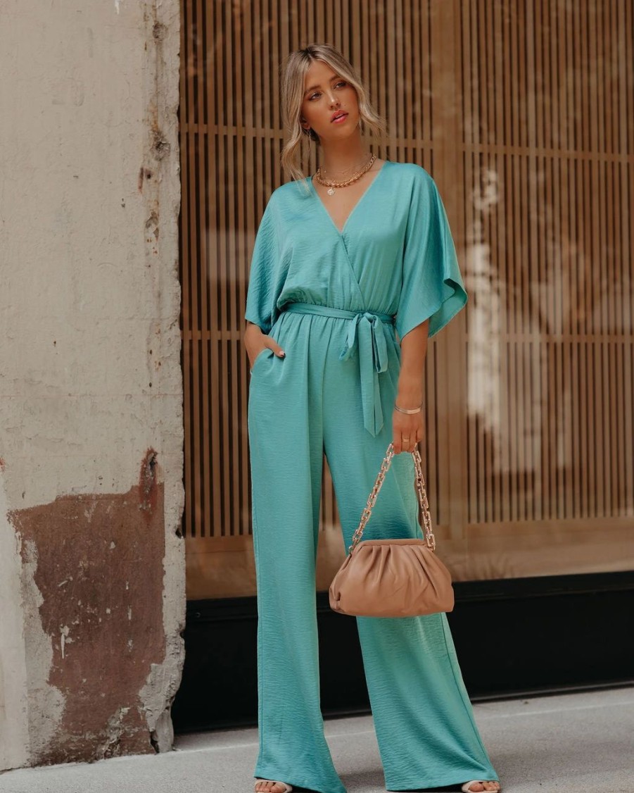 Rompers + Jumpsuits * | Olia-001 Empowered Satin Pocketed Jumpsuit Seafoam Final Sale