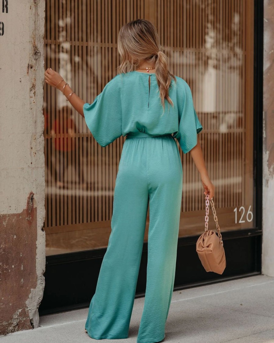 Rompers + Jumpsuits * | Olia-001 Empowered Satin Pocketed Jumpsuit Seafoam Final Sale