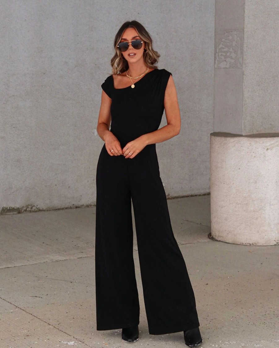 Rompers + Jumpsuits * | Lush-001 Kyle Asymmetrical Neck Wide Leg Jumpsuit Black Final Sale