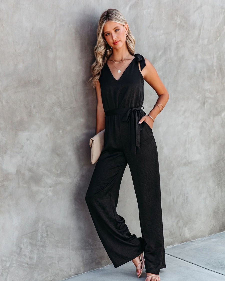 Rompers + Jumpsuits * | Tych-001 Adrienne Pocketed Satin Jumpsuit Black Final Sale