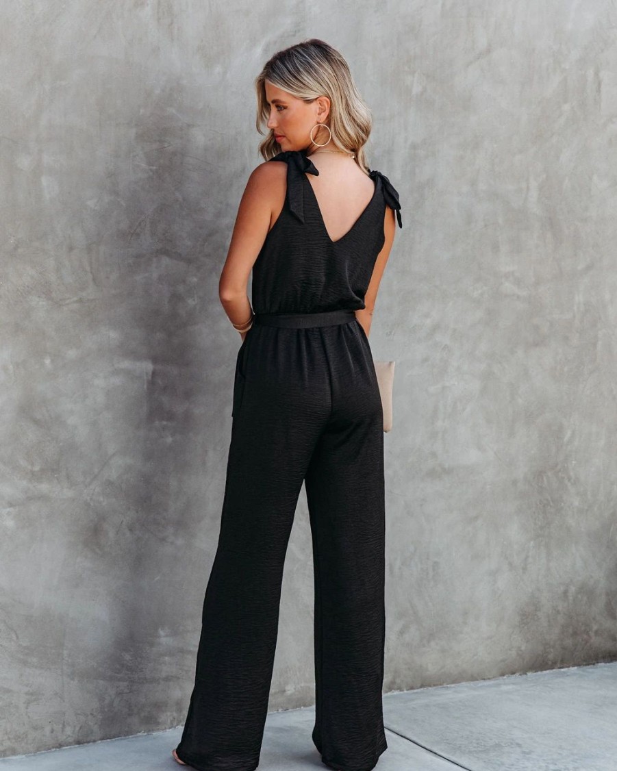 Rompers + Jumpsuits * | Tych-001 Adrienne Pocketed Satin Jumpsuit Black Final Sale