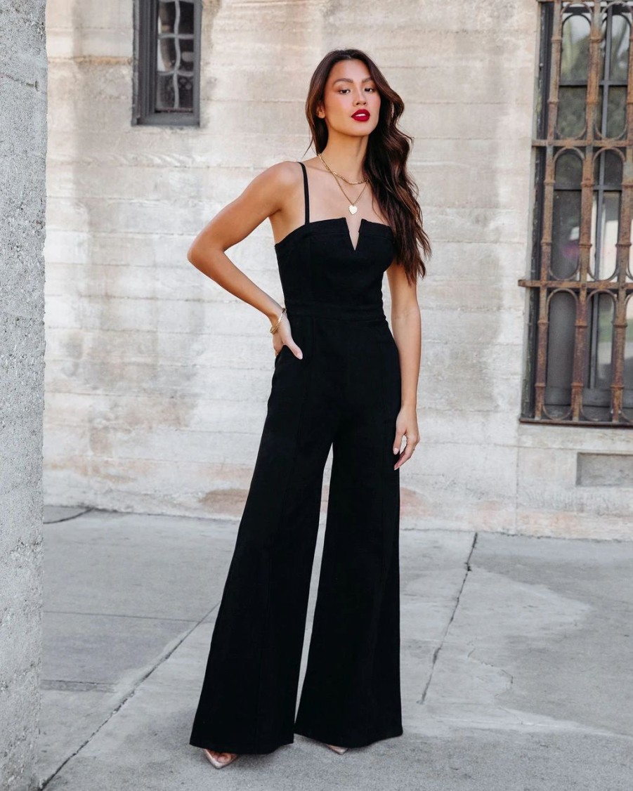 Rompers + Jumpsuits * | Salt-001 So Mila Denim Flare Jumpsuit Black Sale