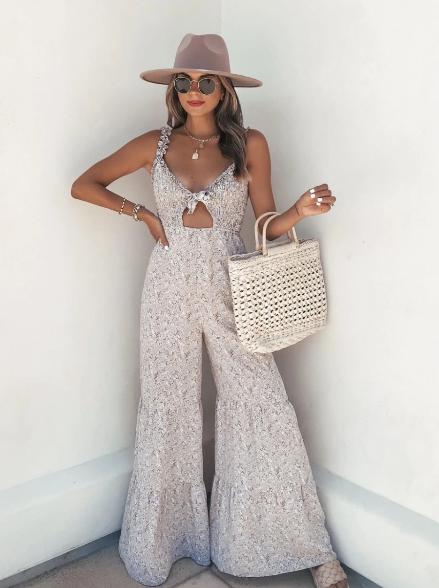 Rompers + Jumpsuits * | Acoa-001 Heather Floral Smocked Wide Leg Jumpsuit Final Sale