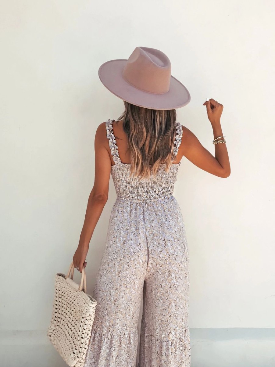 Rompers + Jumpsuits * | Acoa-001 Heather Floral Smocked Wide Leg Jumpsuit Final Sale