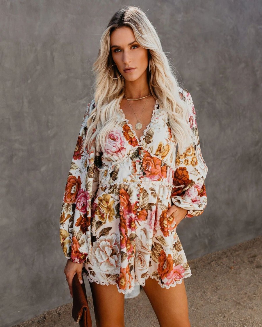 Rompers + Jumpsuits * | Luxx-001 Upwind Floral Pocketed Crochet Romper Final Sale