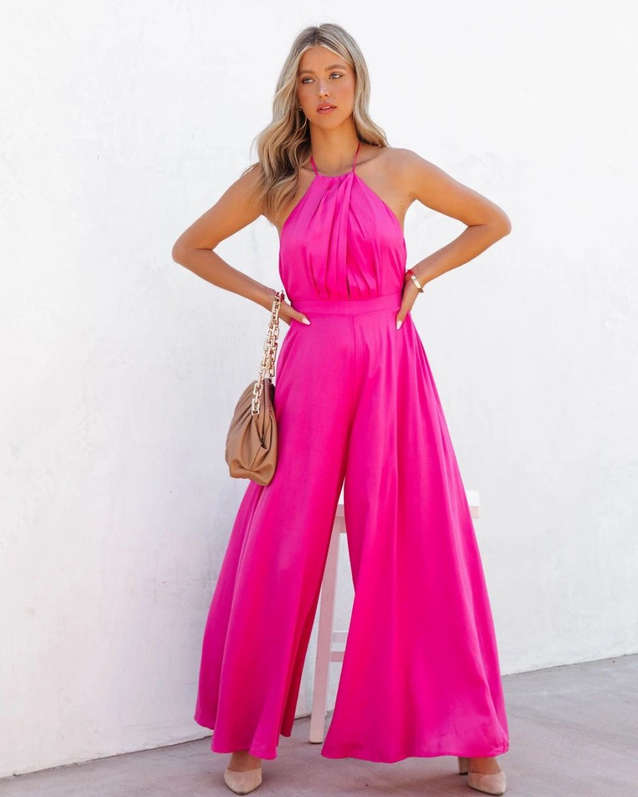 Rompers + Jumpsuits * | Aaka-001 Luvy Wide Leg Halter Jumpsuit Fuchsia Final Sale