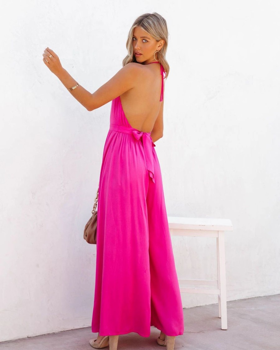 Rompers + Jumpsuits * | Aaka-001 Luvy Wide Leg Halter Jumpsuit Fuchsia Final Sale